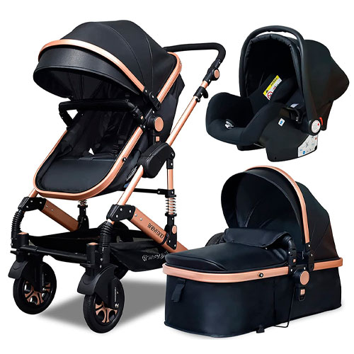 Babyfond carrito bebe 3 en 1, silla de paseo ligera, piel silla paseo 25 kg, plegado sistema de viaje con capazo, marco de aluminio, manillar regulable, desde el nacimiento hasta 3 años (Negro)