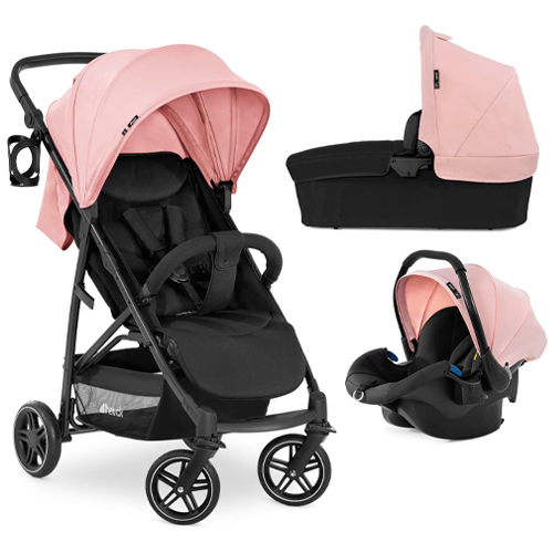 Hauck Rapid 4R Plus Trio Set 3 en1 soporta hasta 25 kg, silla auto compatible con isofix, capazo para bebés, manillar ajustable en altura + portavasos, capota XL con UV 50+, plegado compacto - rosa